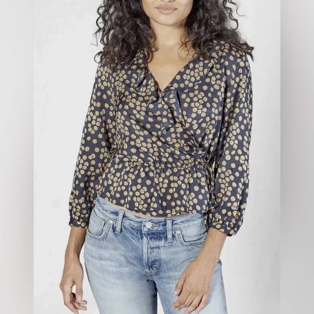 Outerknown Rhiannon Navy Blue and Gold Floral Tie Wrap Blouse